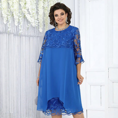 👗 50% OFF! Sheer Lace Midi Dress – Flattering round neck, soft & wrinkle-resistant. Sheer sleeves add elegance. Pink & blue, sizes up to 5XL. Every curve celebrated. 🎀✅