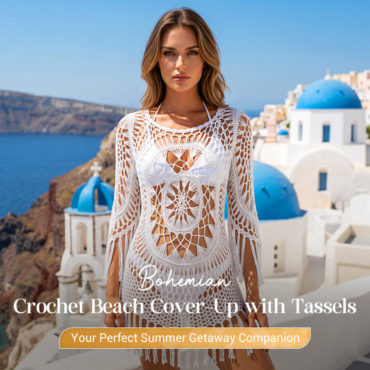👙 Teraz 50% taniej! 🌊 Szydełkowa narzutka plażowa w stylu boho z chwostami – przewiewna, zwiewna i w stylu boho chic – idealna na basen, plażę czy letnie wakacje – z regulacją dopasowania 🧶
